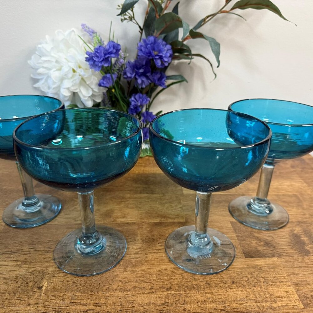 Hand Blown Blue Coupe Glasses Set of 4 – Biot France‎ Style Bubble Glass Barware